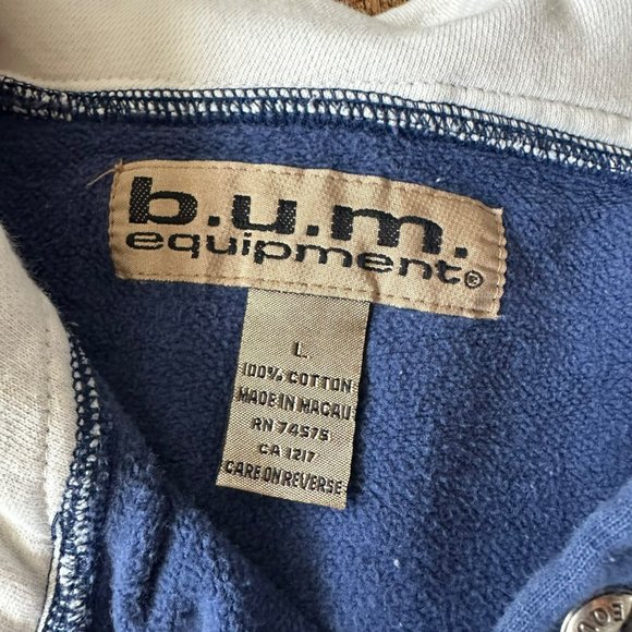 Vintage B.U.M. Equipment Blue Polo Shirt Striped Sleeves Embroidered Logo -L - Picture 4 of 9